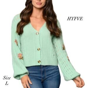 HYFVE Mint Green Button Flower Embroidered Puff Sleeve Knit Sweater NIB Size L